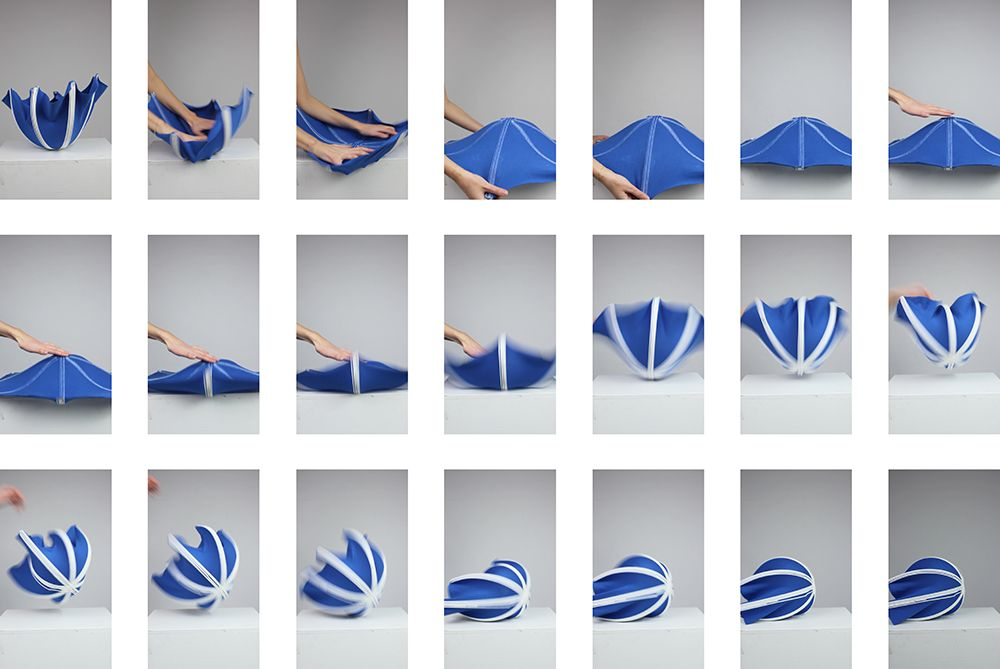 Sequence of a 4D-printed blue and white textile object being manipulated through programmable folding transformations.
